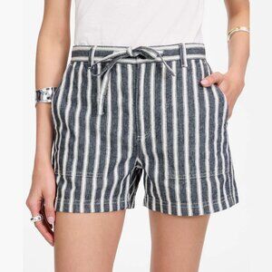 Navy & White Striped Pull-On Drawstring Utility Shorts - Linen Cotton Blend